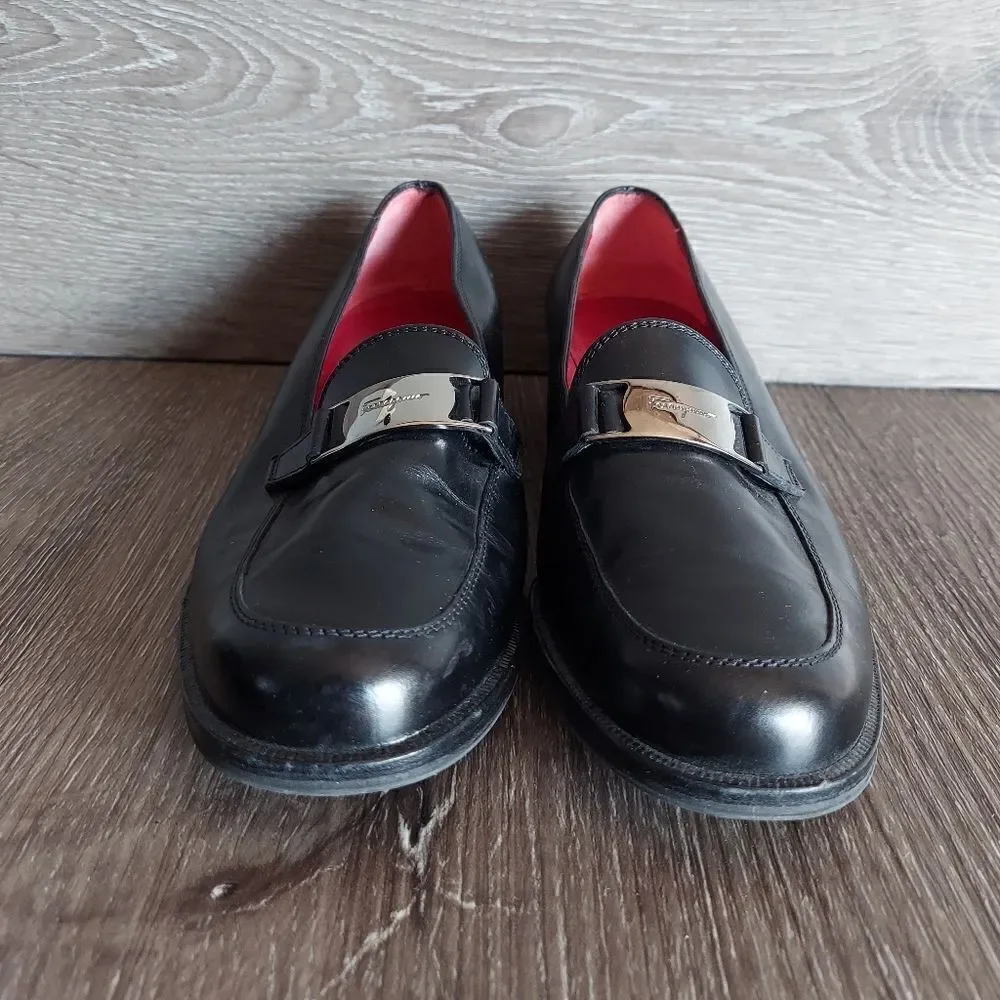 Salvatore Ferragamo Loafers Sport Black Leather Low Heel Dress Silver Loafer 5.5